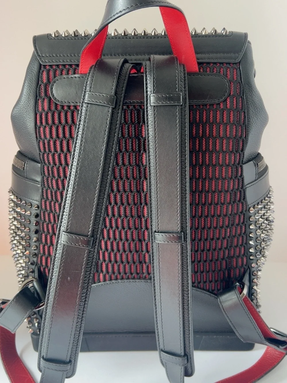 Christian Louboutin SPIKED EXPLORAFUNK Black Leather Studded Backpack Red